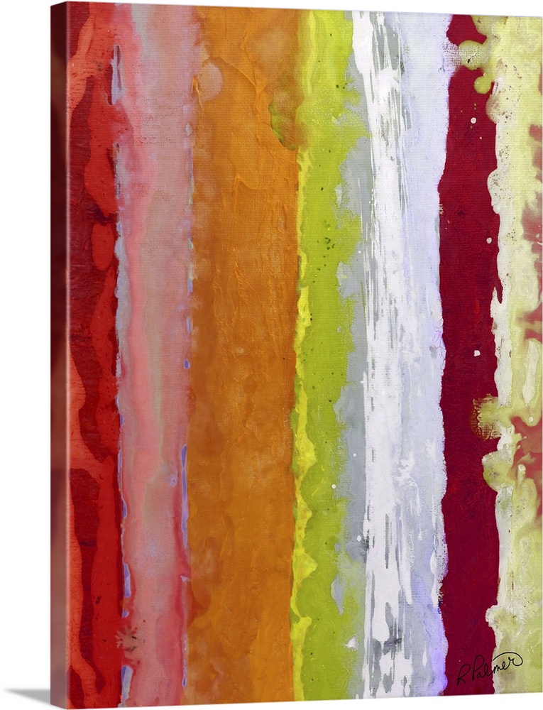 Colorful abstract painting with vertical bands of color in shades of red, pink, orange, yellow, green, purple, and white.