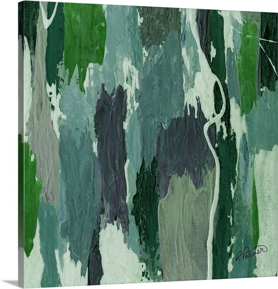 Square abstract painting with thick vertical brushstrokes in shades of green.
