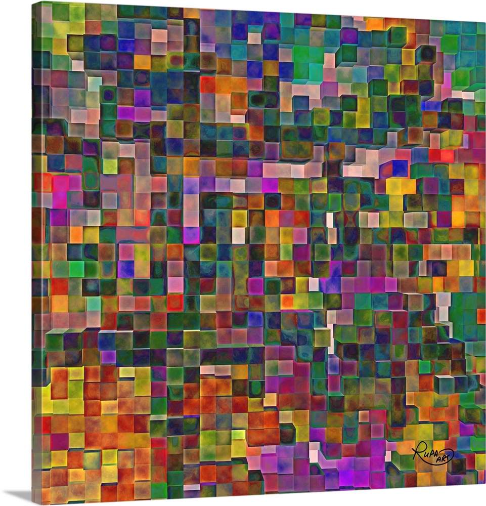 Square abstract art that is made up with tiny squares filled with color creating a grid-like pattern.