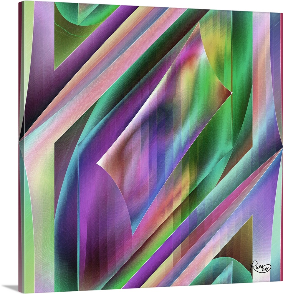 Contemporary digital artwork of intersecting geometric shapes in green and purple.