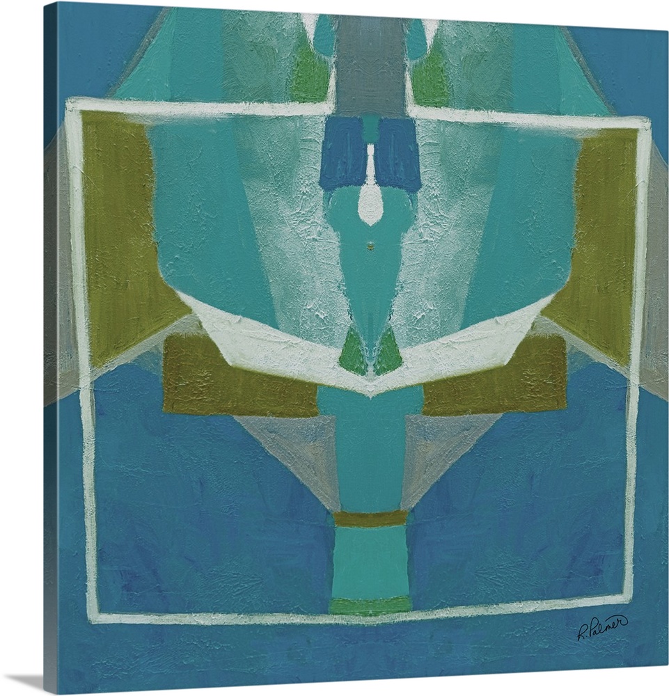 Square abstract painting with blue and green symmetrical designs.
