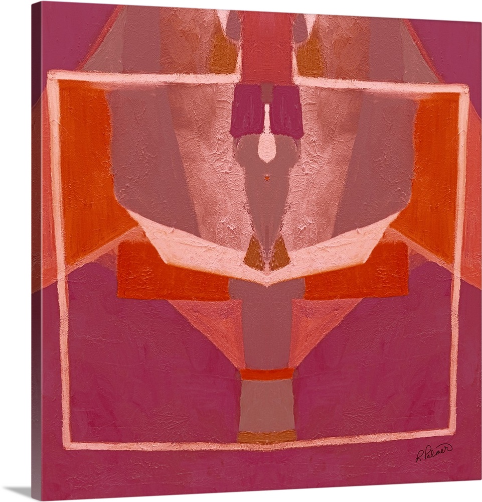 Square abstract painting with pink and orange symmetrical designs.