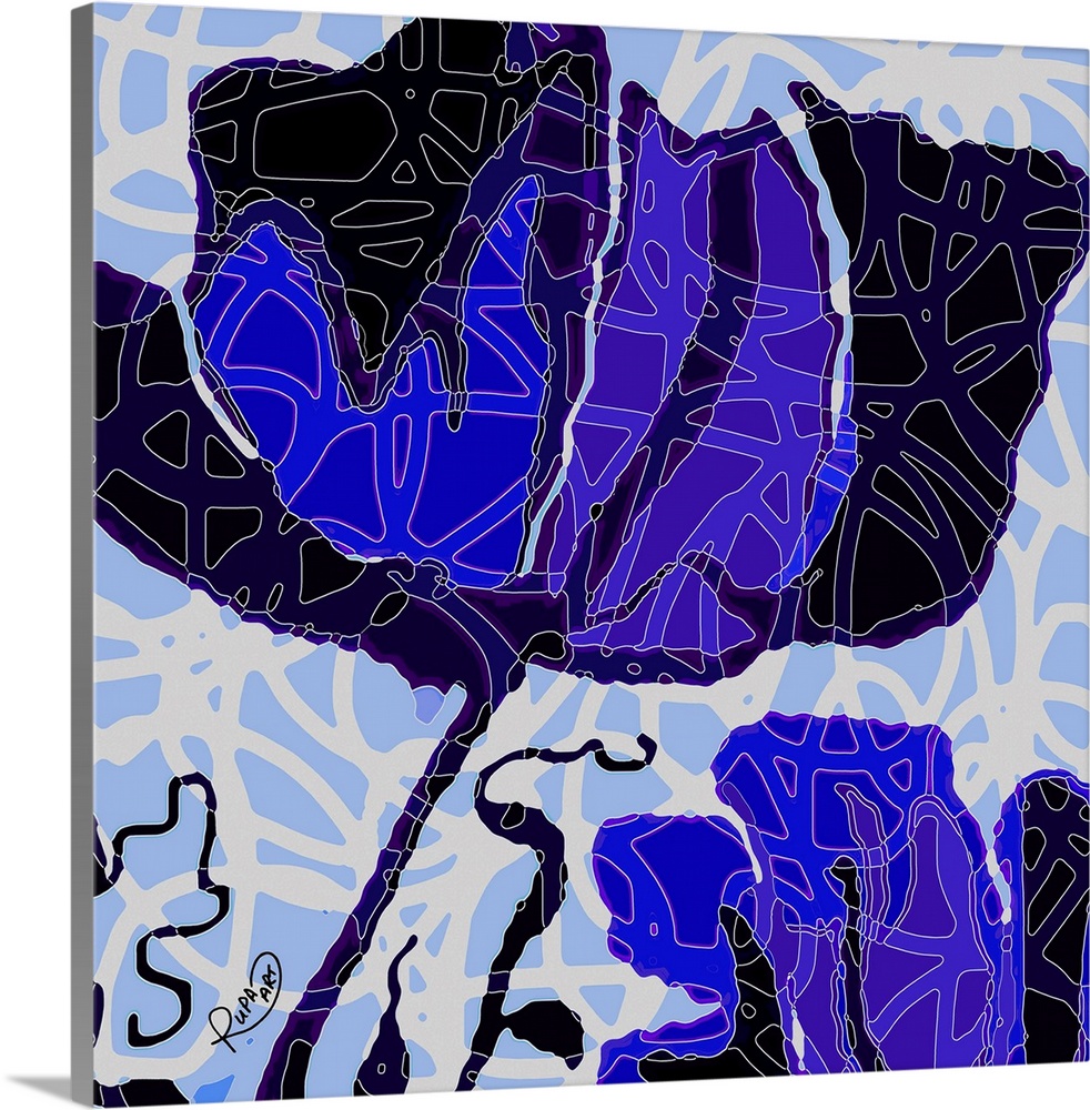 Square abstract art of a large black and blue flower with white outlined designs on top.