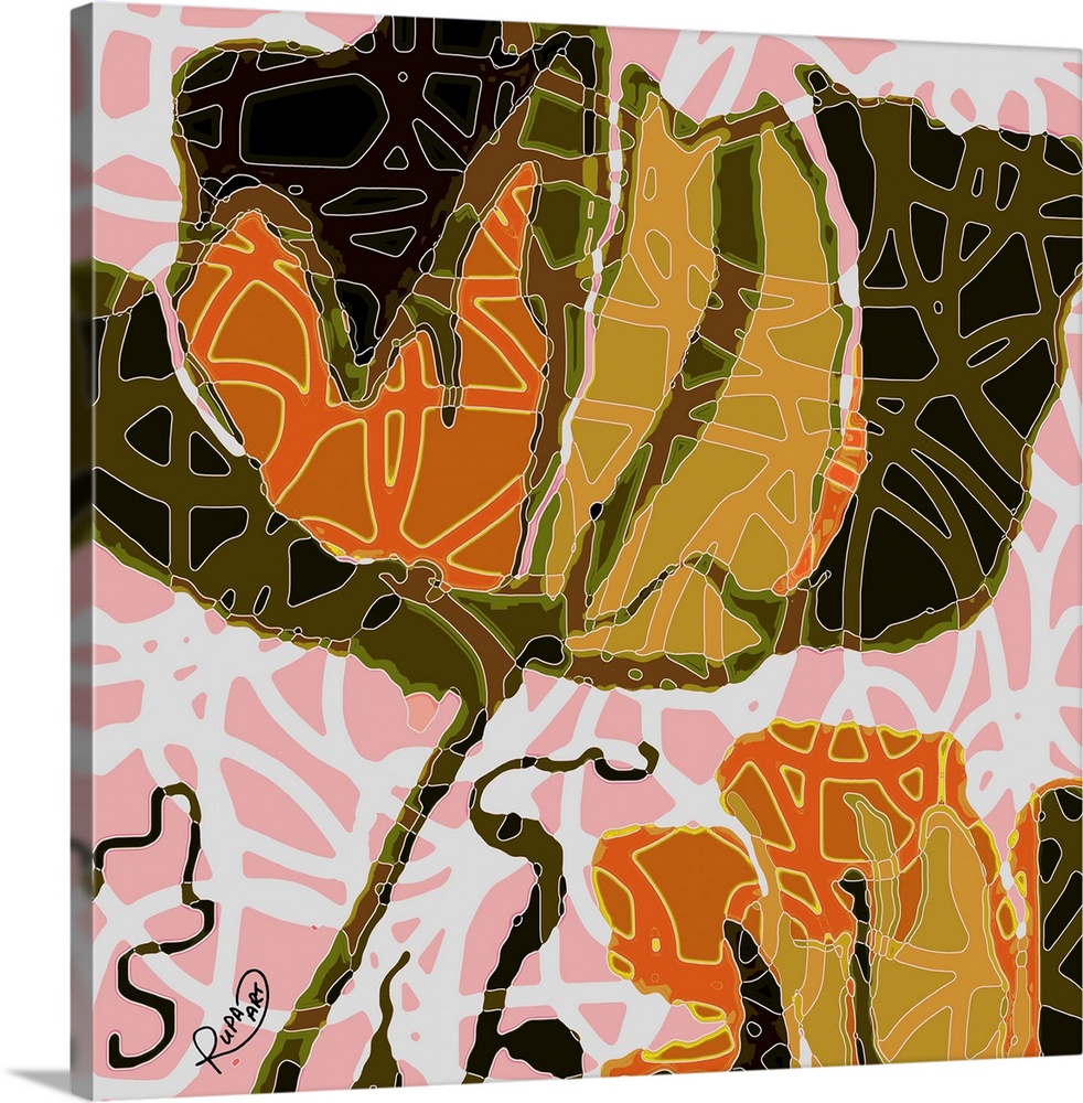 Square abstract art of a large black and orange flower with white outlined designs on top.
