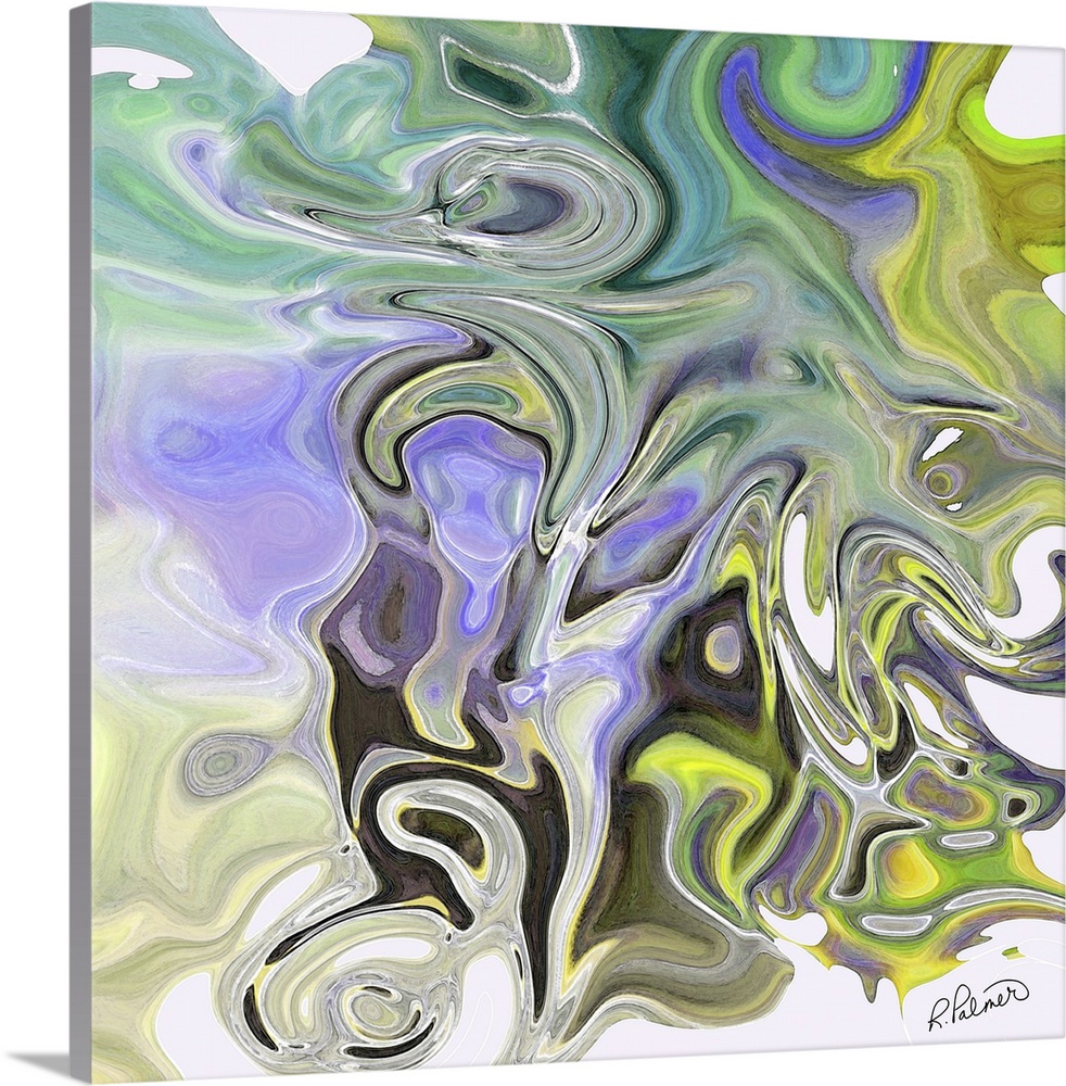 A square image of varies shades of blue, green, yellow and purple layering in swirled shapes.