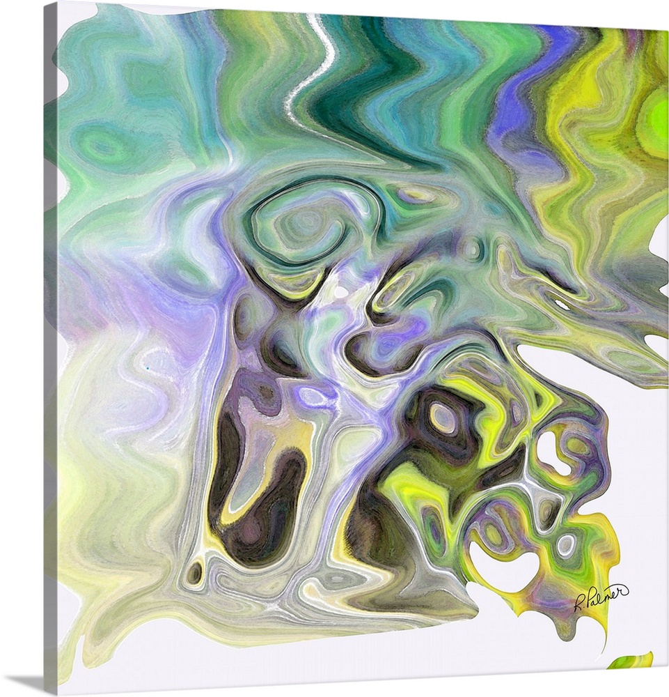 A square image of varies shades of blue, green, yellow and purple layering in swirled shapes.