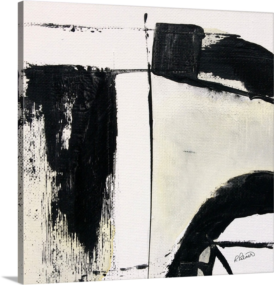 Square abstract painting in black, white, gray, and yellow hues with bold brushstrokes creating movement.