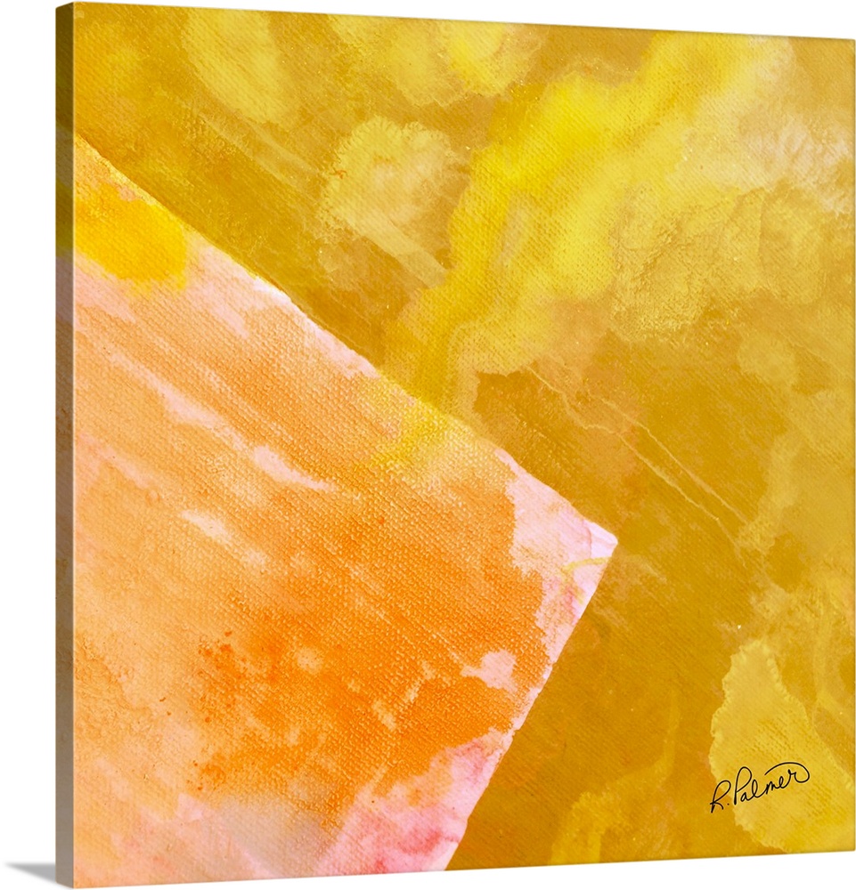 Square abstract painting with one large  square in the corner made with shades of yellow with hints of pink and orange.