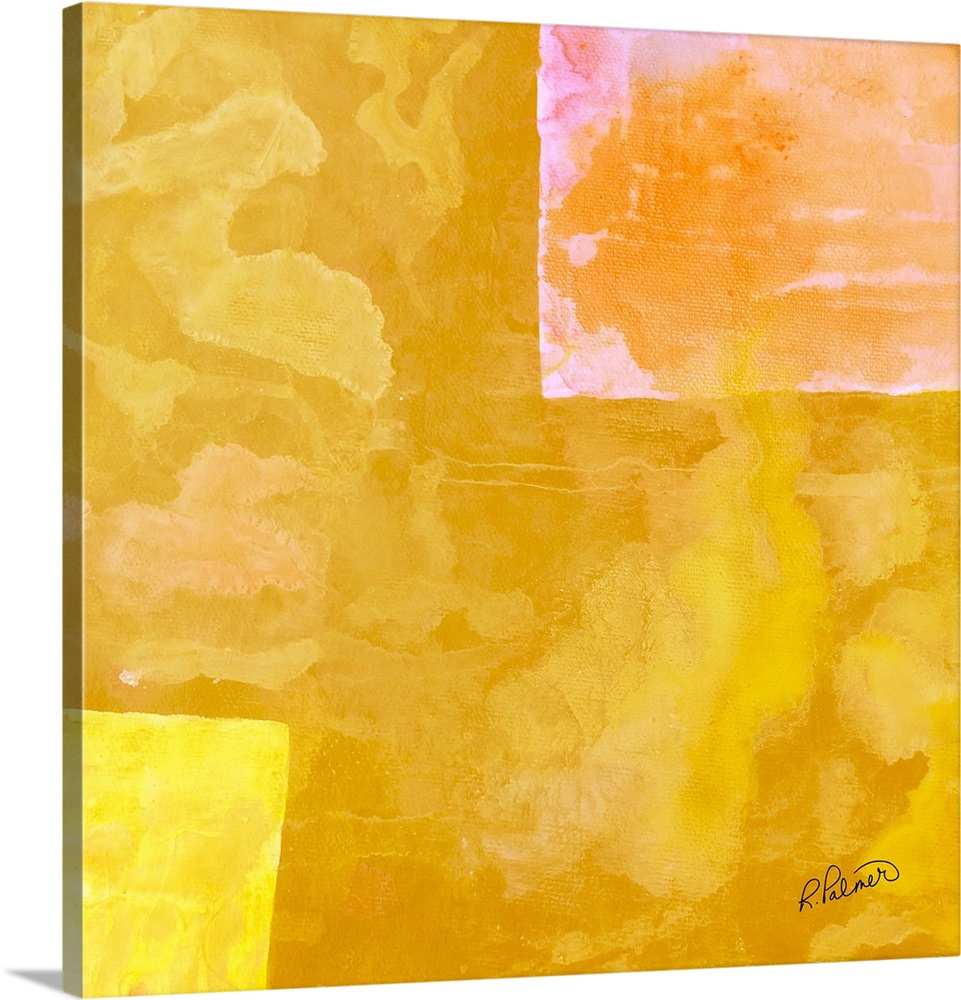 Square abstract painting with large sporadic squares in shades of yellow with hints of pink and orange.