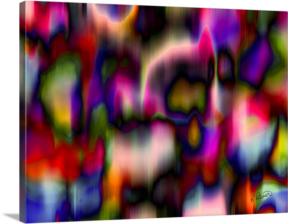 A horizontal image of vibrant shades of pink, green, blue and red layering in blurred shapes.