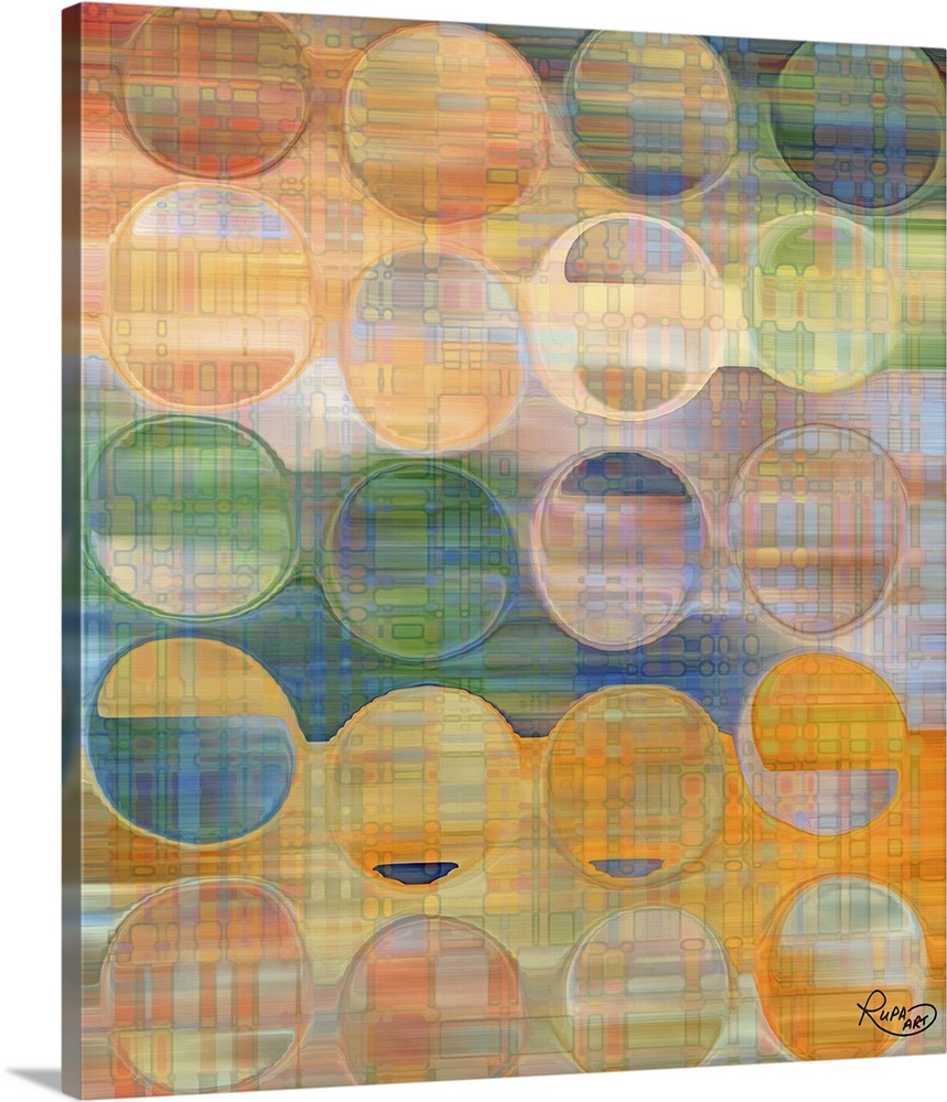 Square abstract art with circles lined up in rows on top of a thin, plaid-like background.