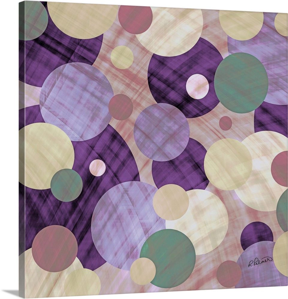 Varies sizes of circles in different colors overlapping each other in muted tones overlapped with irregular lines.