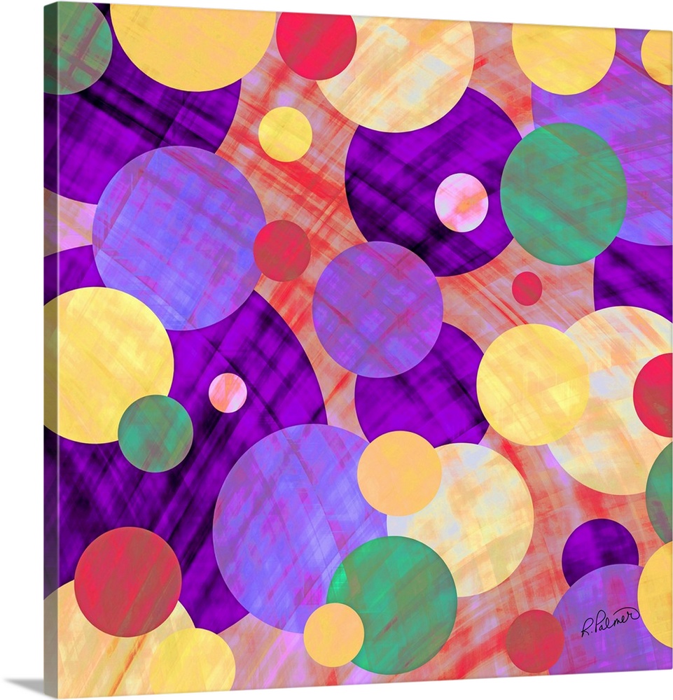 Varies sizes of circles in different colors overlapping each other in vibrant tones overlapped with irregular lines.