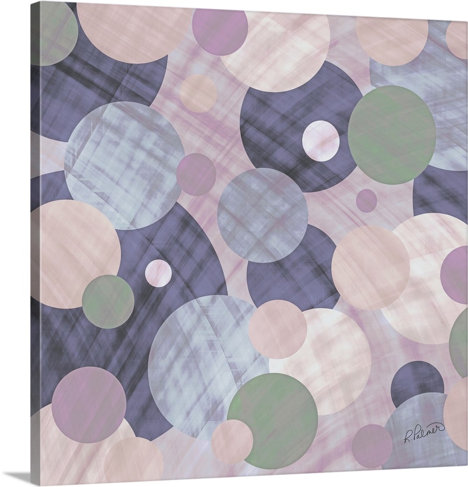 Varies sizes of circles in different colors overlapping each other in muted tones overlapped with irregular lines.