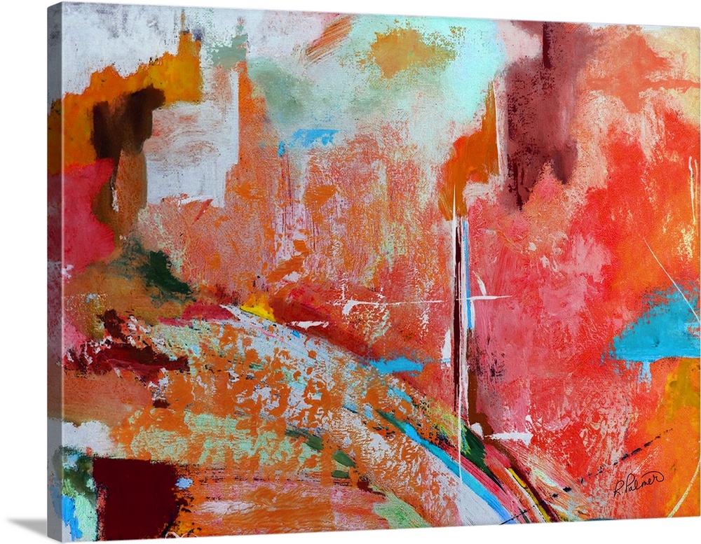 Colorful abstract painting with busy sections of color spread out sporadically.