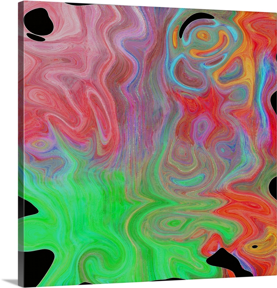 A square image of varies shades of bright green, red and blue layering in swirled shapes.