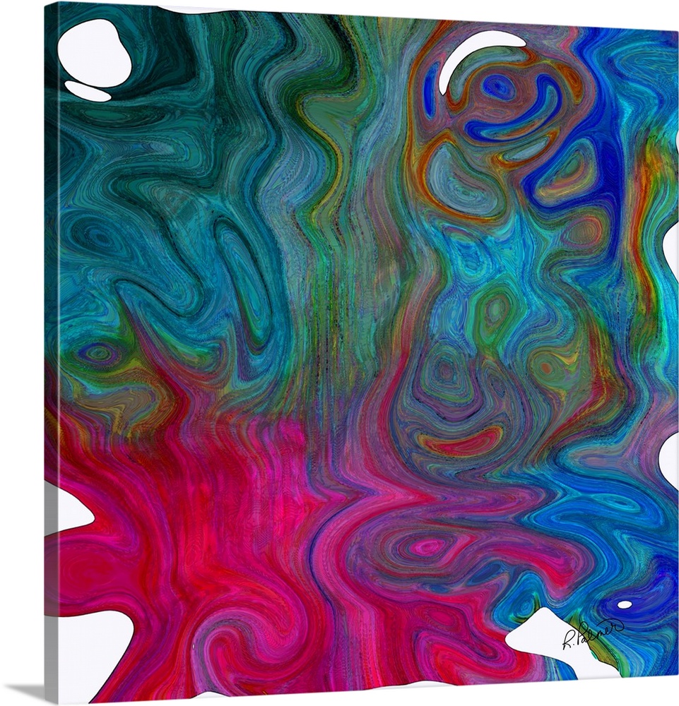 A square image of varies shades of bright green, pink and blue layering in swirled shapes.