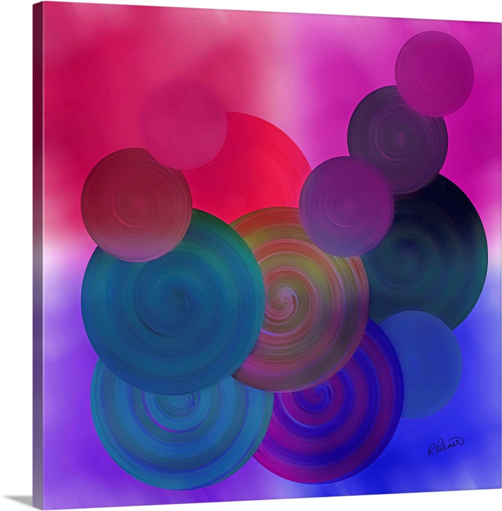 Varies sizes of circles in different colors overlapping each other on a bright pink and blue backdrop.