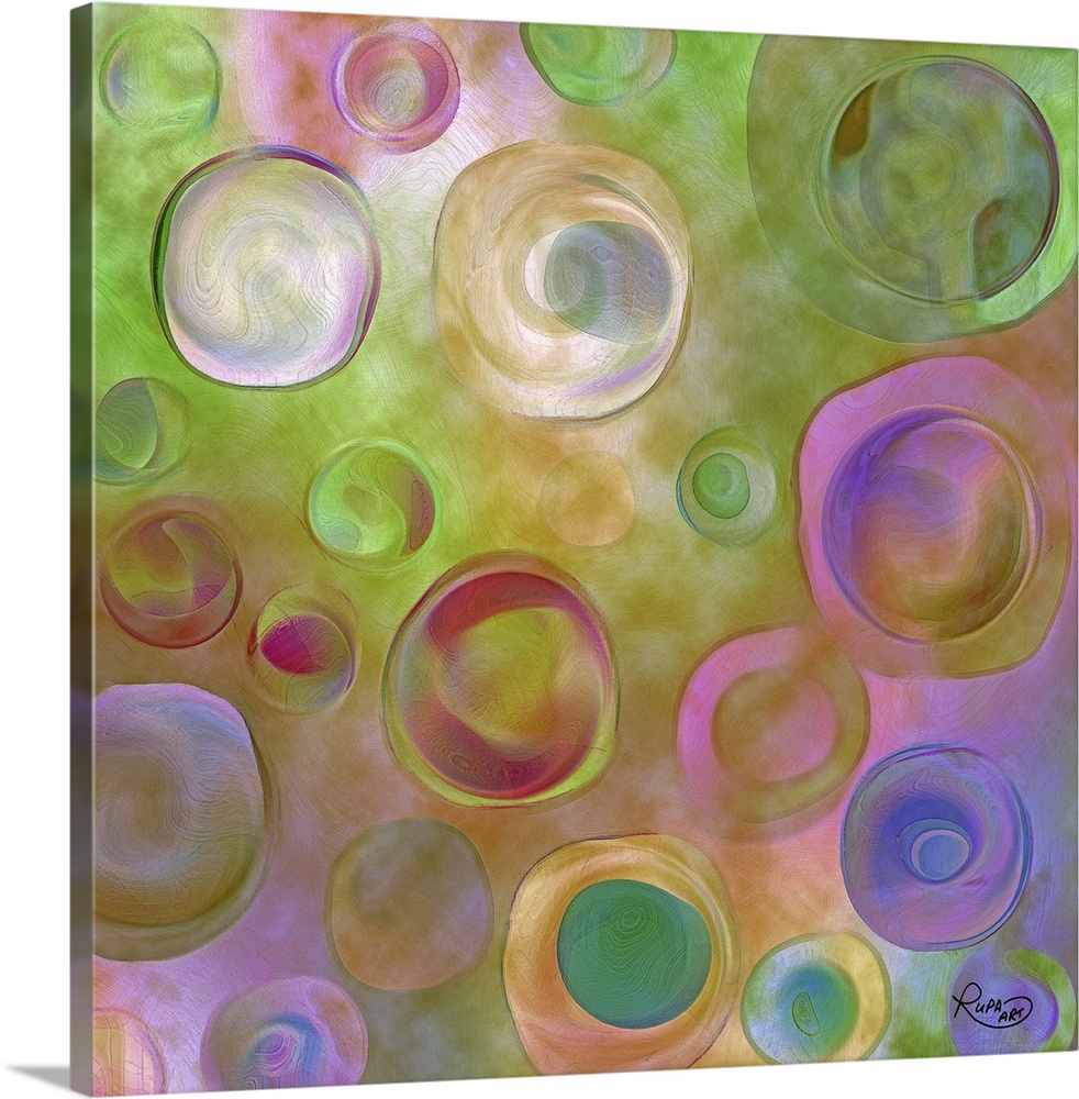 Square abstract painting of colorful circles.