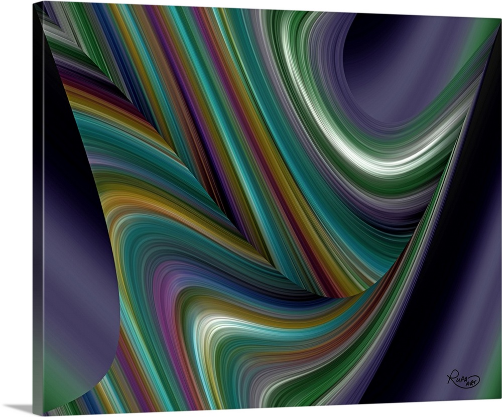Abstract art with arching colorful, thin lines coming together to create smooth movement.