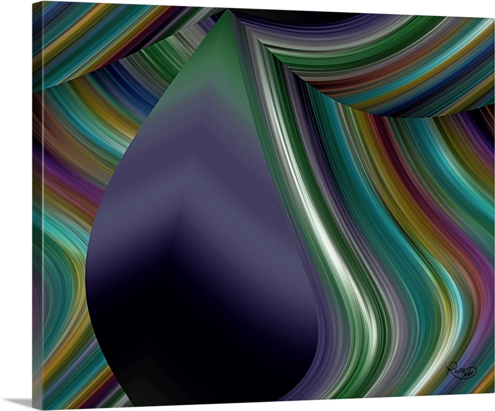 Abstract art with a dark teardrop shape and colorful curved lines creating angles and a 3D look.