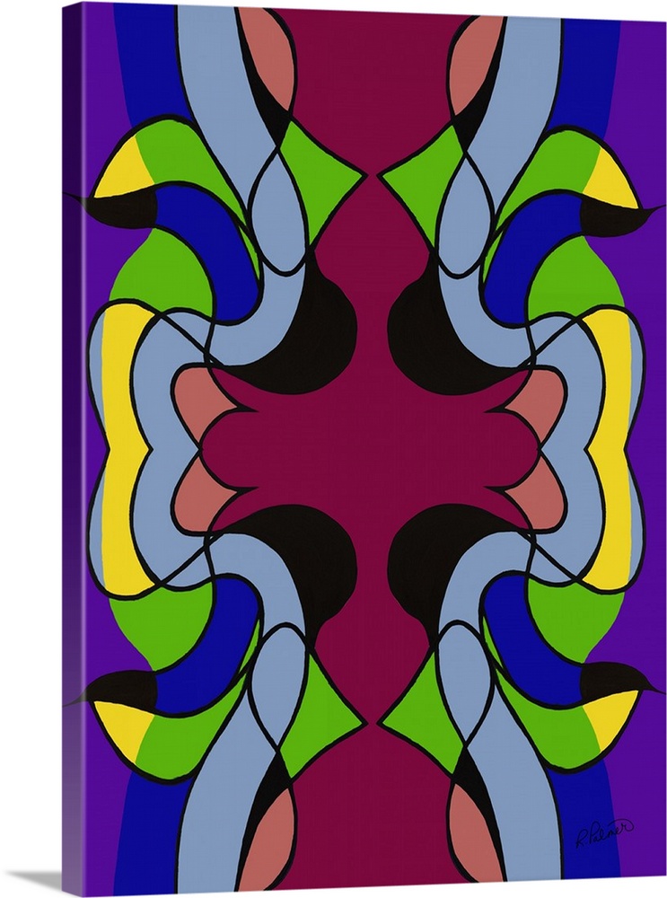 A modern design of curved shapes in deep, jewel-toned colors of green, purple, red and yellow.