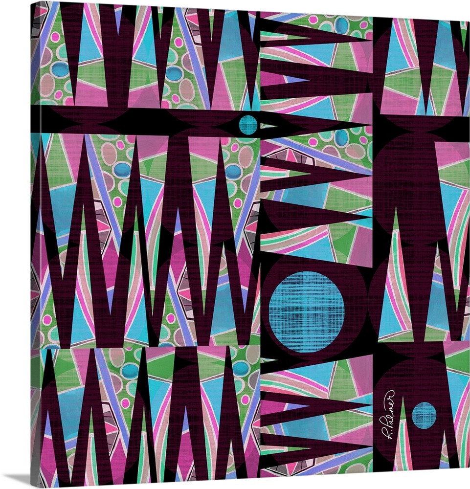Square artwork of a modern design of circles and triangle shapes with vibrant colored patterns.