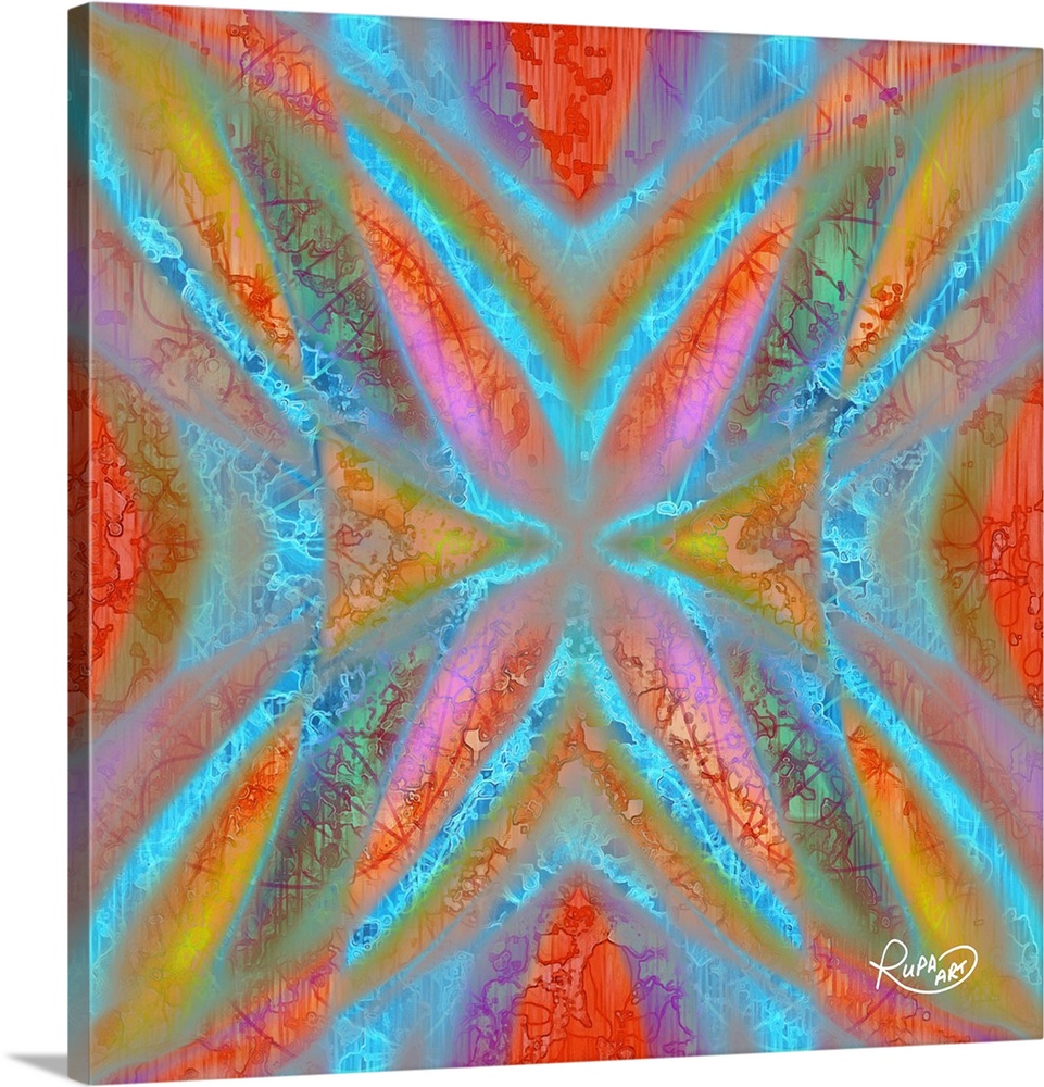 Digital contemporary art of a kaleidoscopic pattern of neon red, blue, and orange colors.