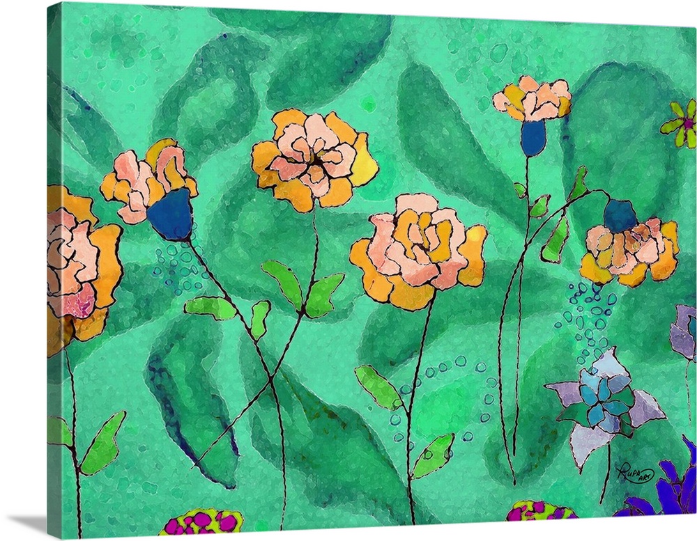 Contemporary abstract art that has pink and orange flowers on green background that has a large, faint, flower design.