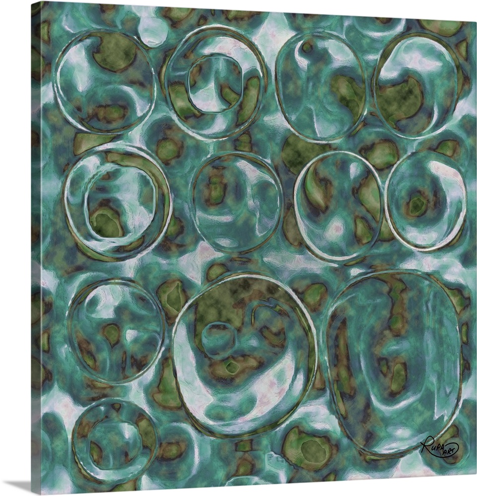 Square abstract art with translucent bubble like circles made out of green and blue hues.