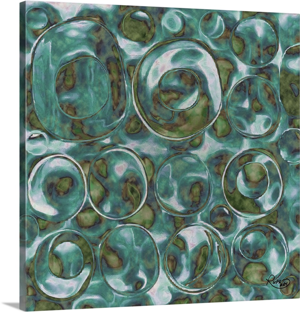 Square abstract art with translucent bubble like circles made out of green and blue hues.