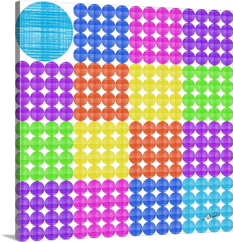 Square shapes made of rows of circles in a cross hatching pattern in vibrant colors.