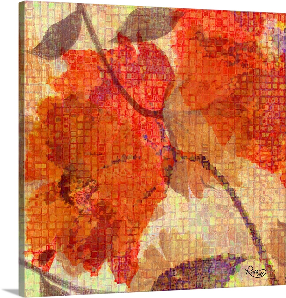 Digital artwork of orange flowers with brown leaves with a mosaic tile effect.