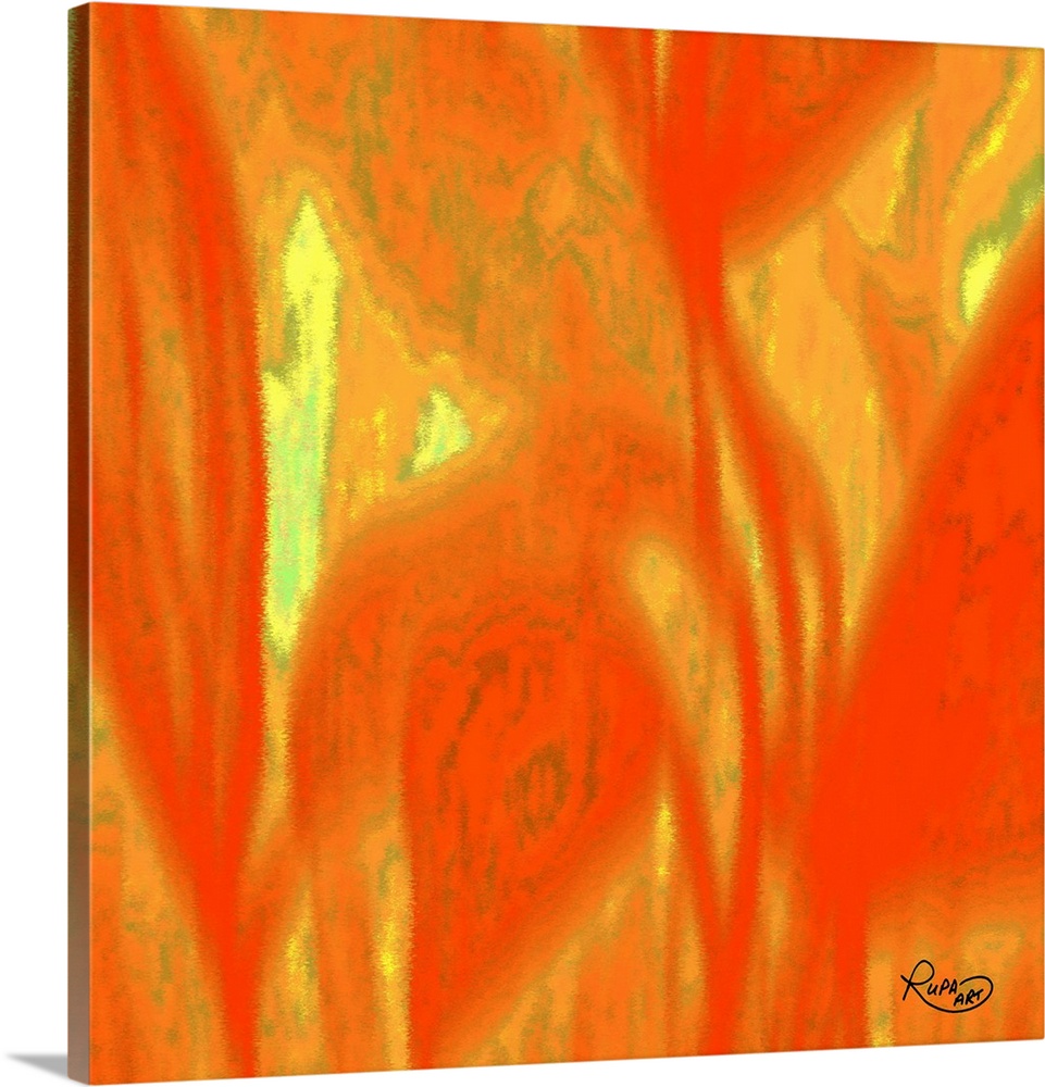 Square abstract art with a bright orange background and large faded yellow designs.
