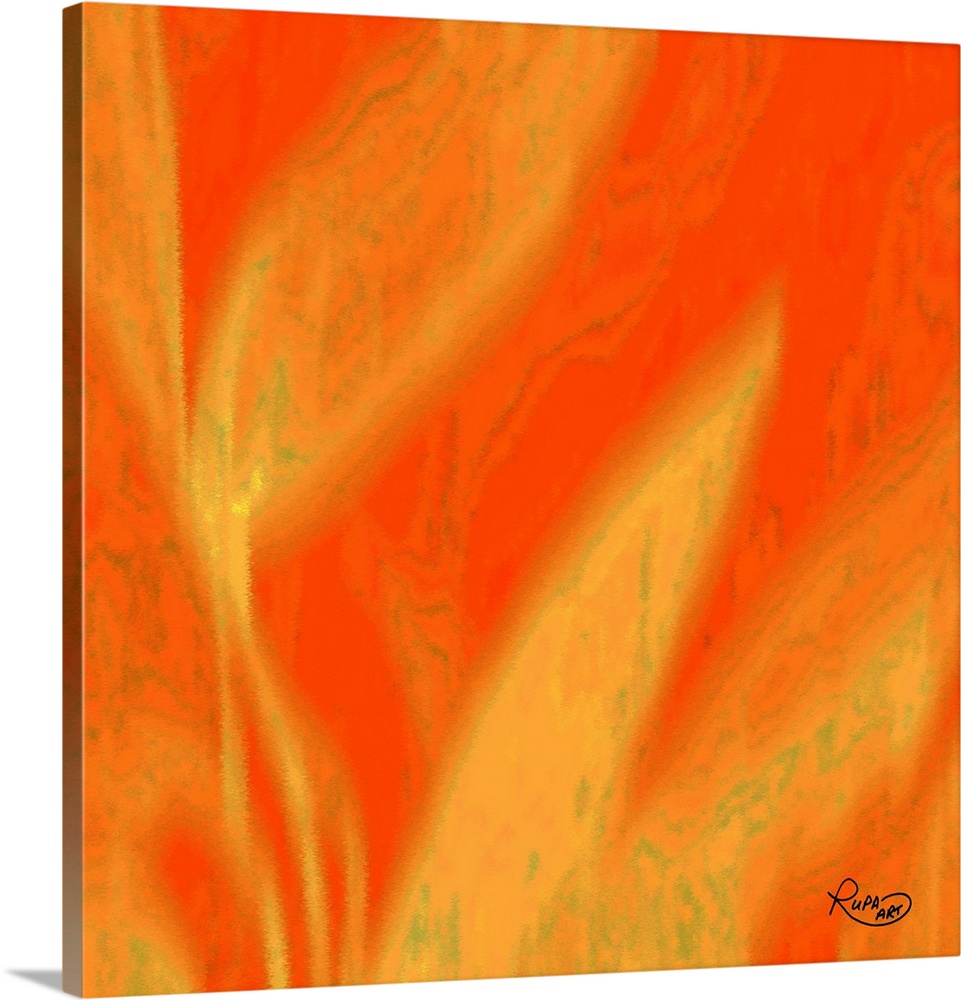 Square abstract art with a bright orange background and large faded yellow designs.