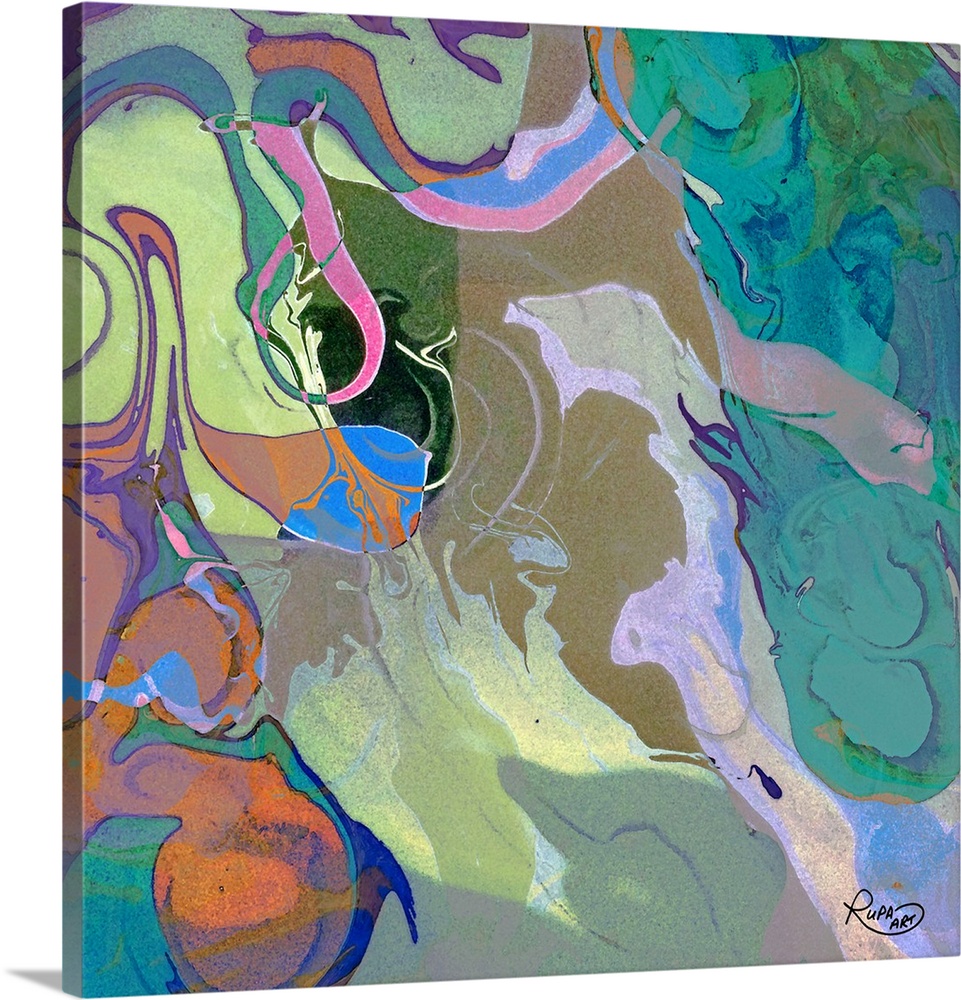 Square abstract art with cool tones marbling together and made up of small, faint blotches of color.