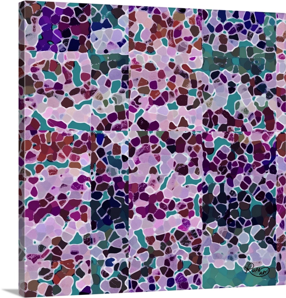Square abstract art with various shades of purple shapes combined together on a teal background made up of the same style ...