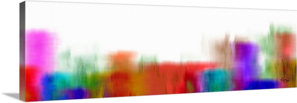 Contemporary digital artwork of blurred color blocks in purple, red, and blue on white.