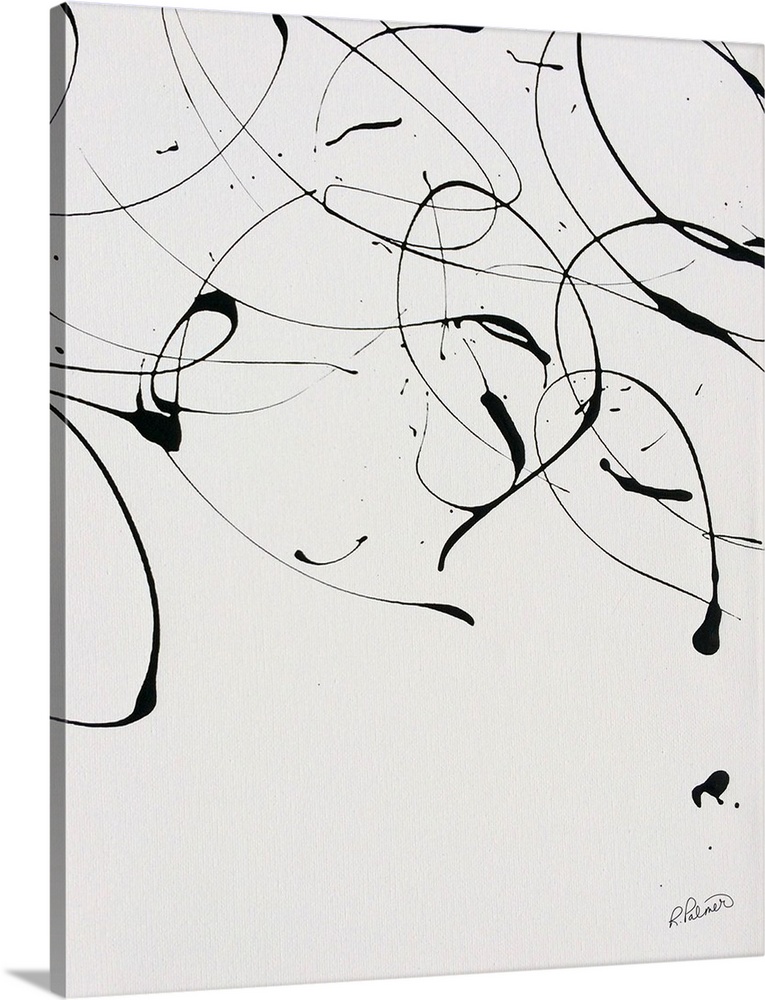 A contemporary abstract painting of black paint drizzle on a tan background.
