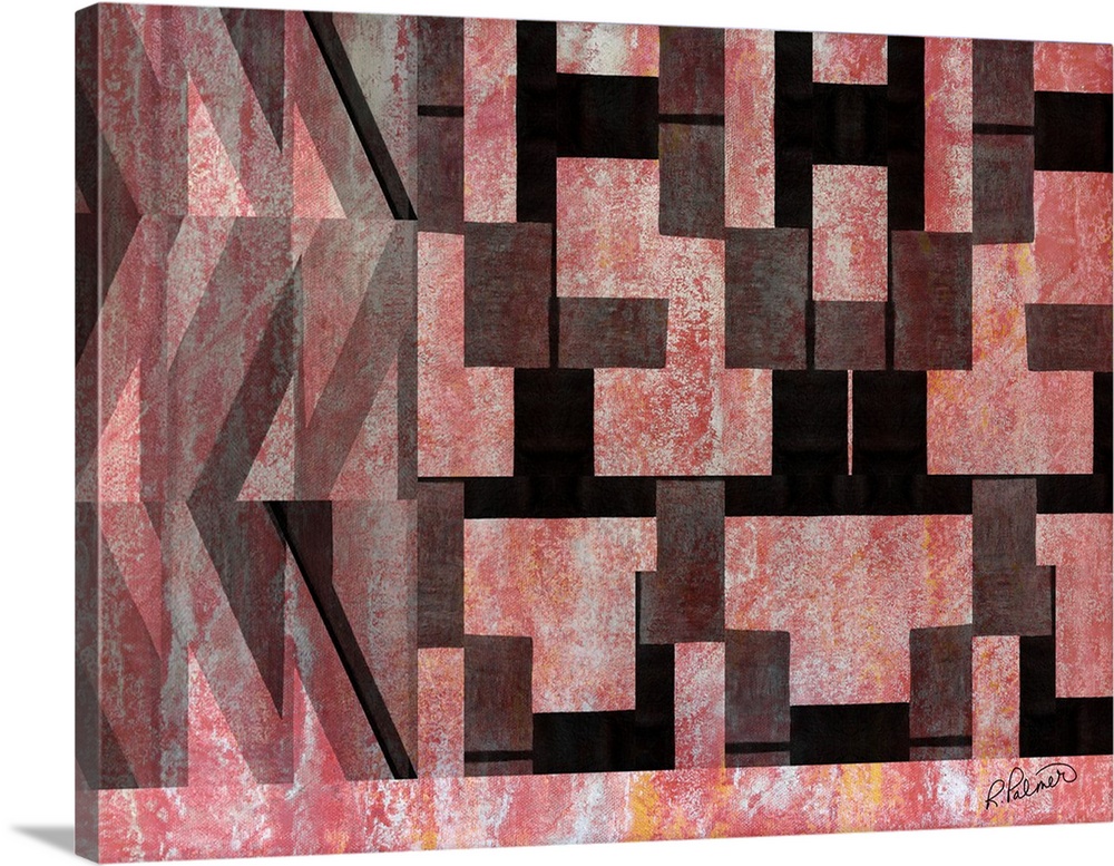 Contemporary horizontal painting of repetitive rectangle shapes in black against a textured red background.