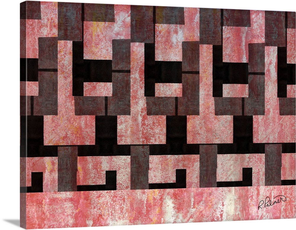 Contemporary painting of repetitive rectangle shapes in black against a textured red background.