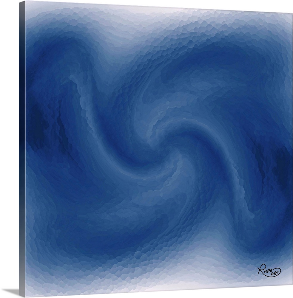 Contemporary digital artwork of swirling blue and white resembling ocean waves.