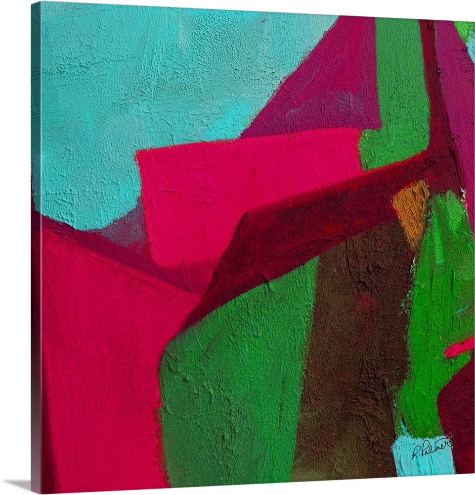 Bright square abstract painting with pink, red, green, brown, and blue shapes fitting perfectly together with a sponge-lik...