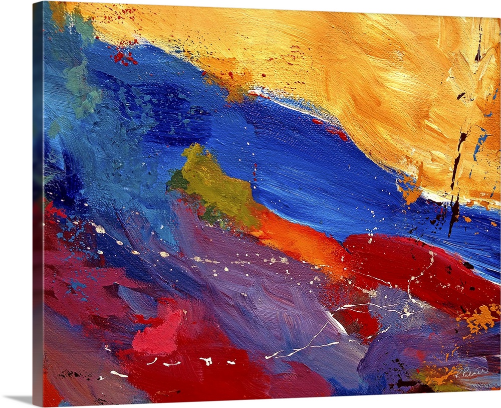 Abstract artwork that uses several colors of paint applied in a diagonal direction with other paint splashed over it.