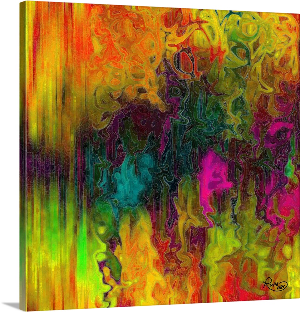 Square abstract art that has colorful, vertical lines stacked together on the left and a busy lined design on the right.