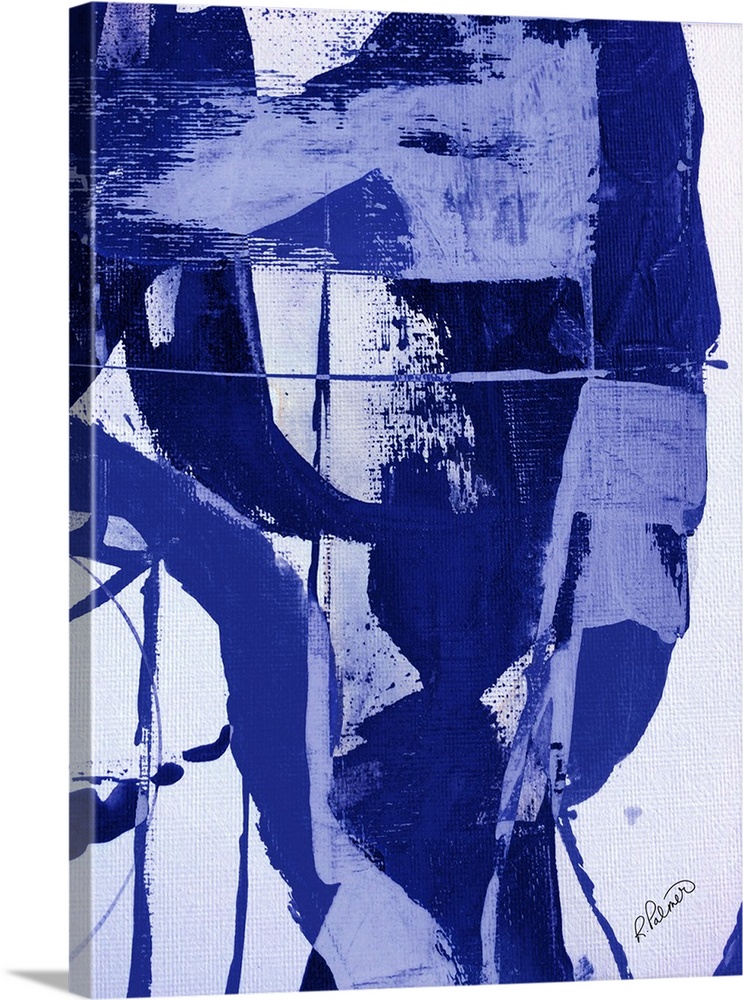 Abstract painting with large brushstrokes in blue and light purple on a white background.