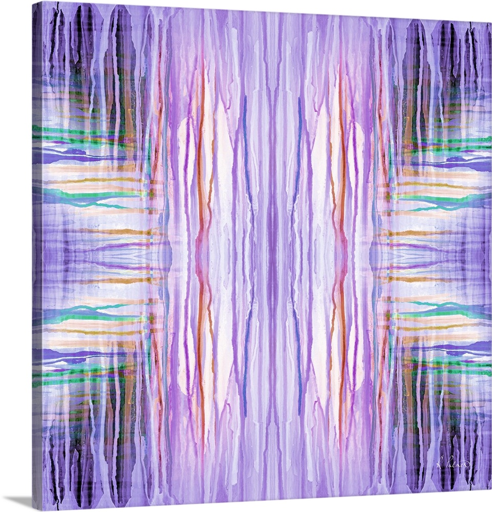 Contemporary abstract painting of a mirrored pattern using neon purple lines.