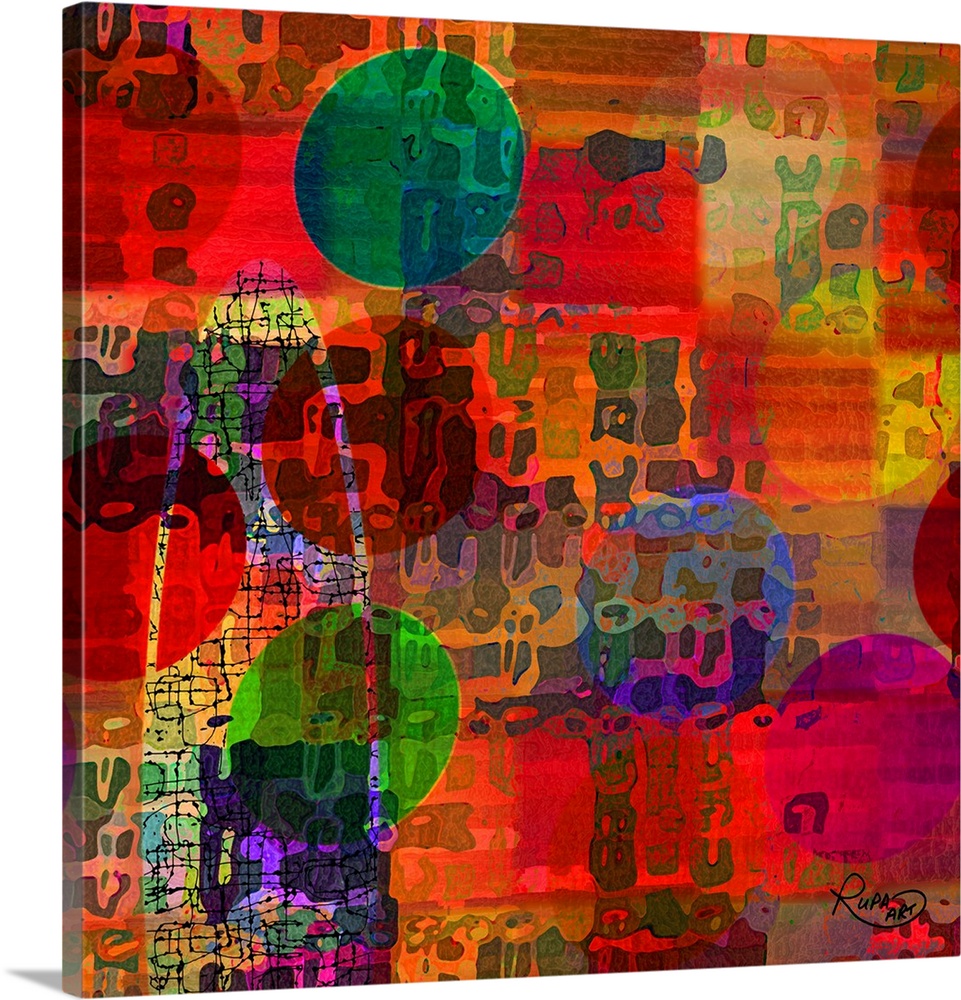 Square abstract art that has squares on the background made with different shades of red, bright colored circles on top an...