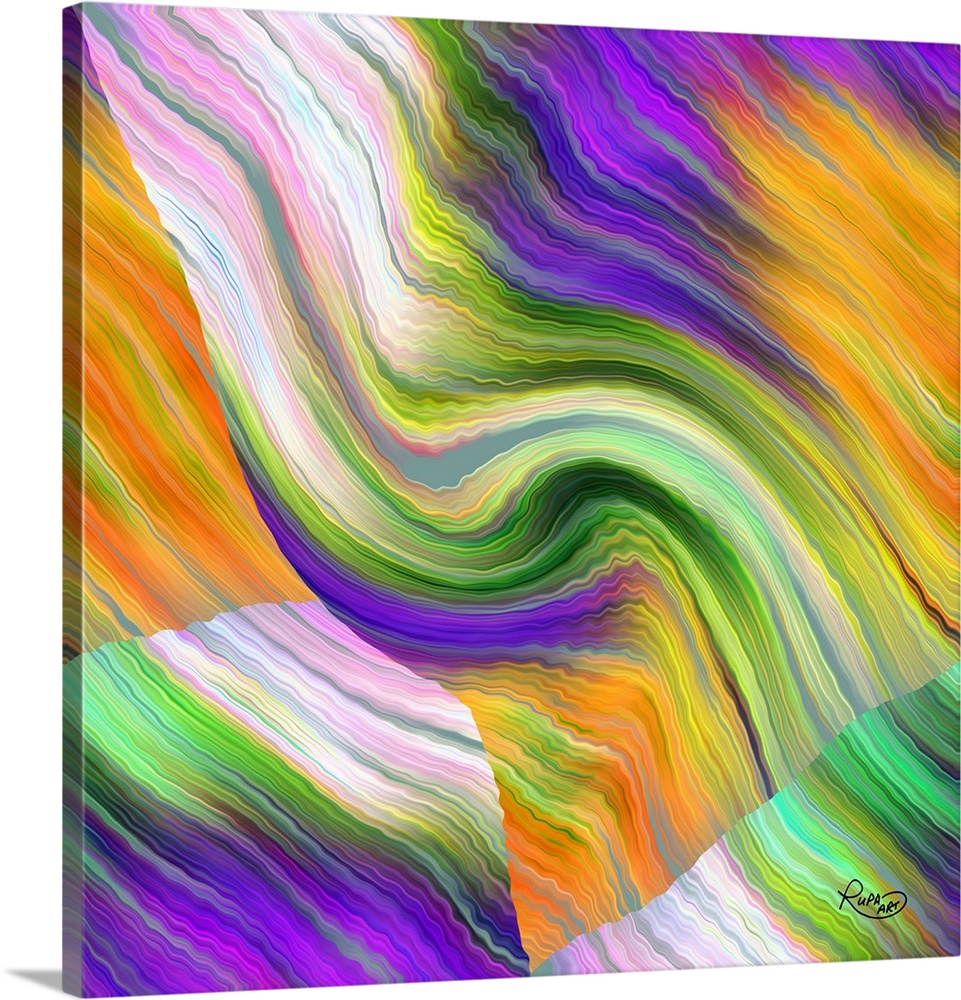 Digital contemporary artwork of overlapping waves of orange, green, and purple stripes.