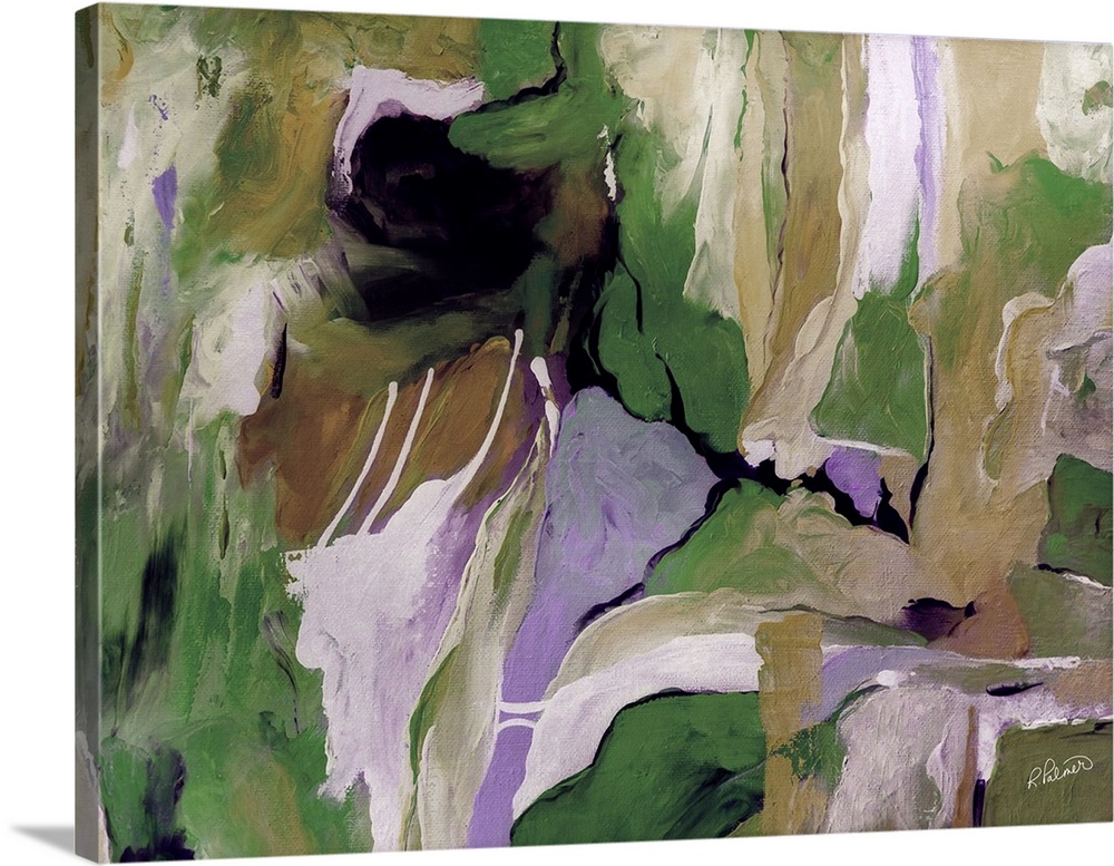 Contemporary abstract painting using pale muted tones of purple and green.